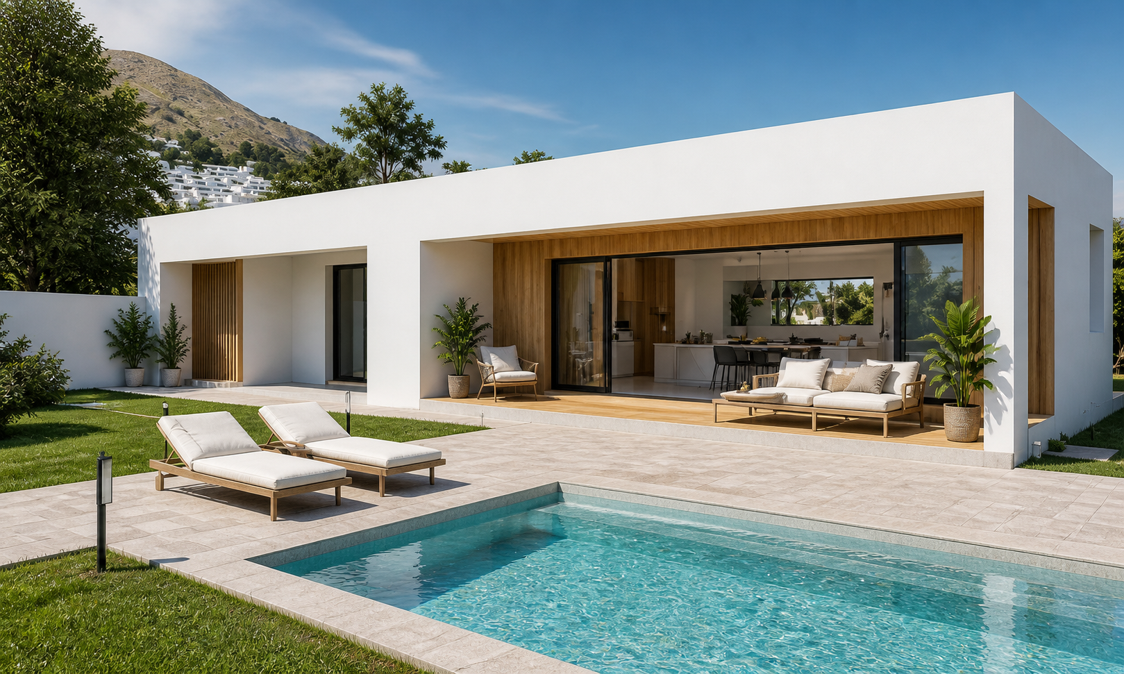 Vivienda terminada con piscina y fachada moderna